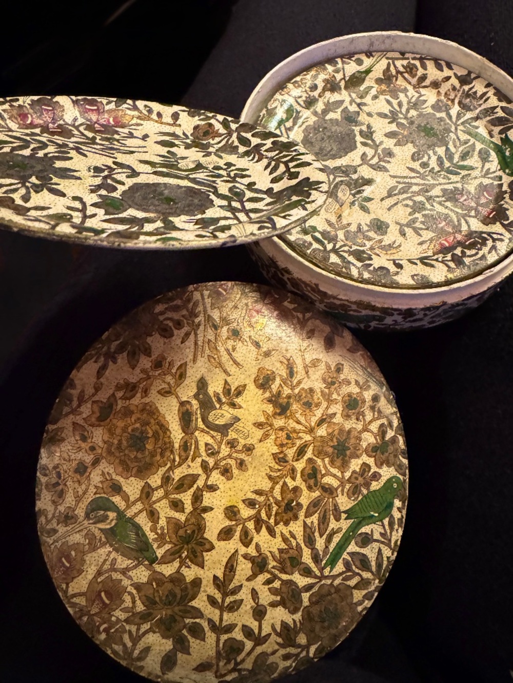 Vintage 1950s Japanese Lacquer Coaster Set w/ Holder MCM Gold Barware